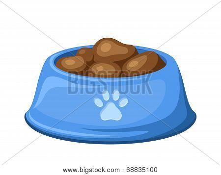 Blue dog bowl with feed. Vector illustration.