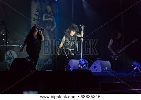 FARO - JULY 19: Heavy metal band Moonspell performs on stage at the XXXIII - International Motorcycle Meeting in Faro, Portugal, July 19, 2014 