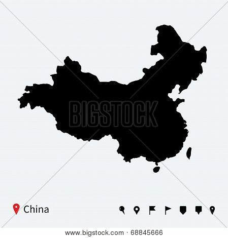 High detailed vector map of China with navigation pins.