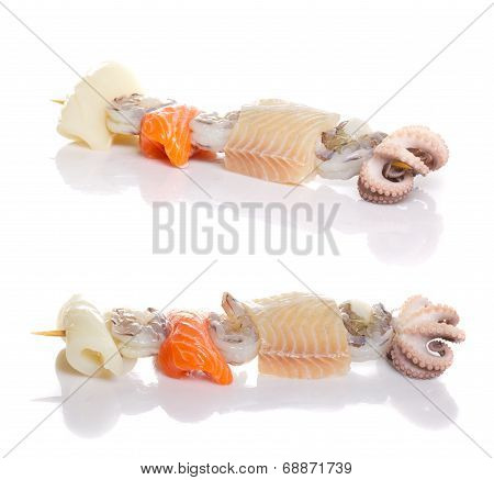 Raw Seefood Shashlik. Octopus Salmon Perch Etc