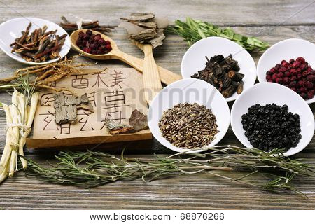 Traditional chinese herbal medicine ingredients with not real hieroglyphs, close-up