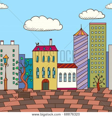 Vector Illustration Of Painted Varicolored Houses And Planking Road. Abstract Background.