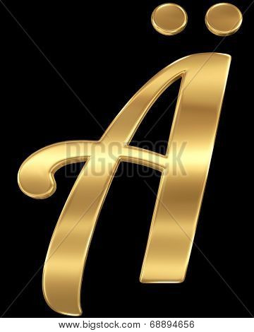 Golden shining metallic 3D symbol letter A umlaut - isolated on black.