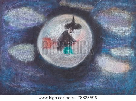 Witch Flying On Broom In Dark Sky