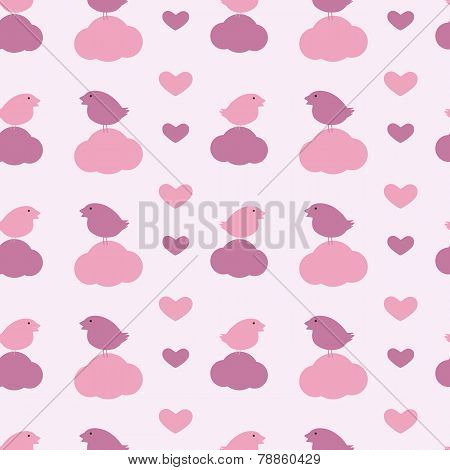 Pattern With Birds, Hearts And Clouds