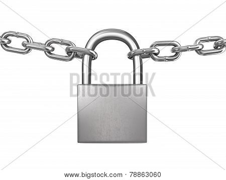 Locked Padlock With Silver Chains Isolated On White Background