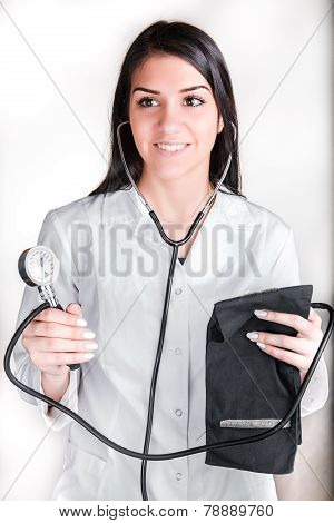 Smiling cheerful female doctor,medical professional holding stethoscope and blood pressure meter