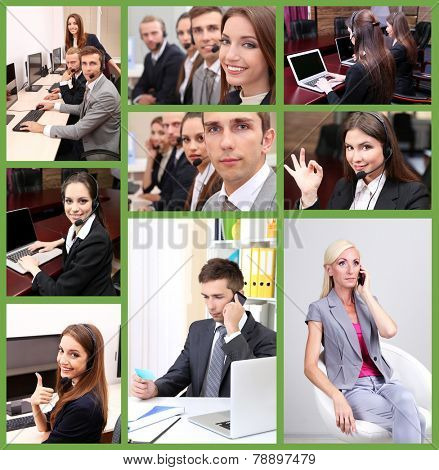 Call-center collage. People answering the phones