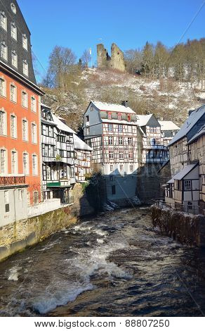 The Old Town of Monschau, Germany. City centre in snow winter.