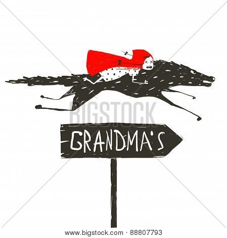 Red Riding Hood on Black Wolf Running to her Grandma