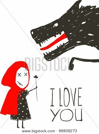 Little Red Riding Presenting Flower to Black Wolf