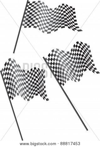 Set Of 3 Chequered Flags Flying. Vector Illustration.