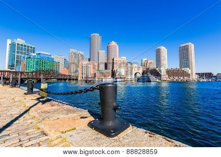 Boston skyline from Fan Pier at sunlight in Massachusetts USA