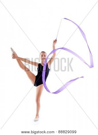 Kid girl ribbon rhythmic gymnastics exercise on white background