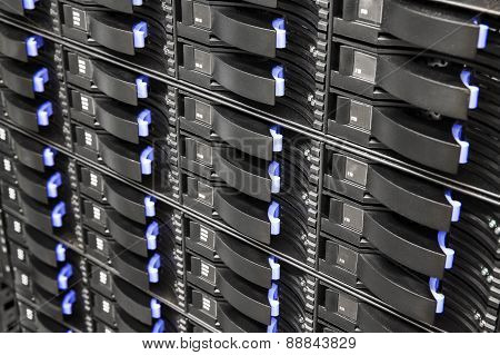 Close up of hard drives in large SAN storage