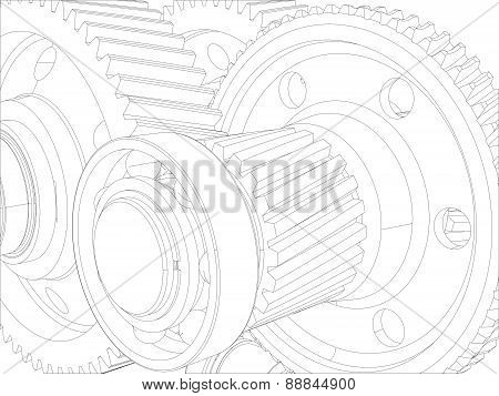 Wire-frame gears with shafts. Close-up. Vector