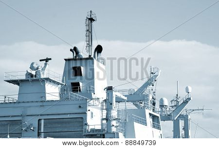 Naval Ship With Radar And Other Communications.