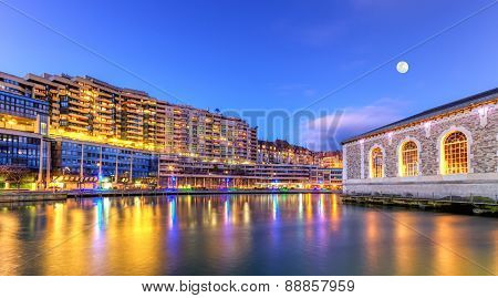 BFM, buildings and Rhone river, Geneva, Switzerland, HDR