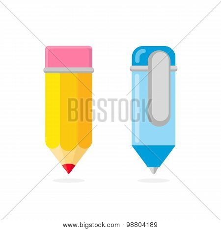 Pencil And Pen In The White Background.