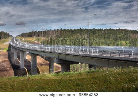 Bridge Spans Of Overpass On  Highway In Russian Forest.