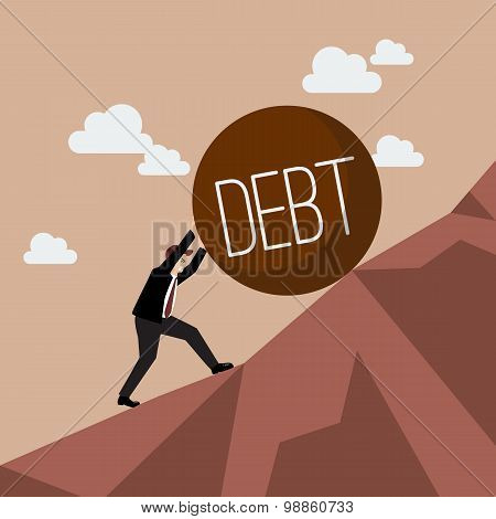 Businessman Pushing Heavy Debt Uphill