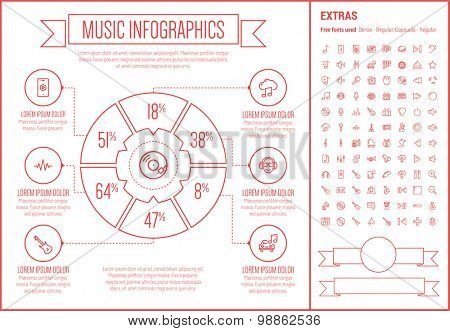 Music infographic template and elements. The template includes the following set of icons - orgami, gramopnone, digital equalizer, ukelele, saxophone, tmpani and more. Modern minimalistic flat thin