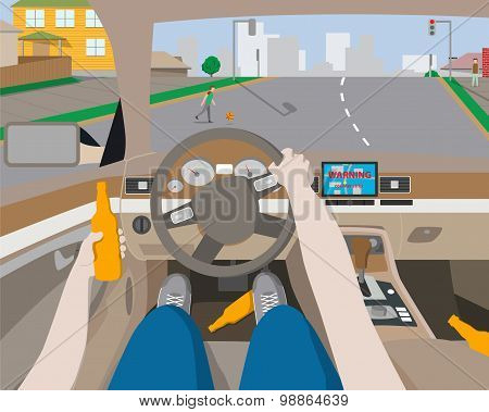 Drunk man rides behind the wheel of a car navigation device and does not have time to notice the bab