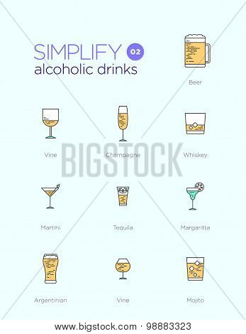 Line icons with flat design elements of alcoholic drinks