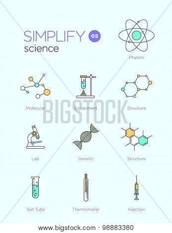 Line icons with flat design elements of science