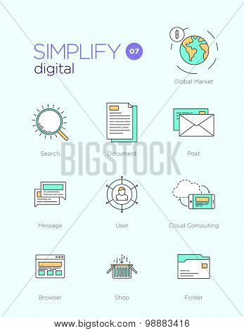 Line icons with flat design elements of digital
