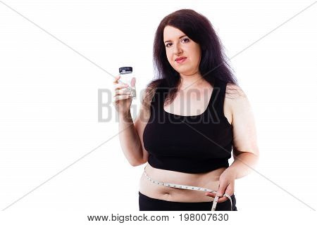 Overweight Fat Woman Show Bottle With Slim Pills And Measuring T