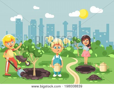 Stock vector illustration cartoon characters of children boy and girl planting in garden seedlings of tree, little child with water geek, taking care of ecology city in flat style for motion design