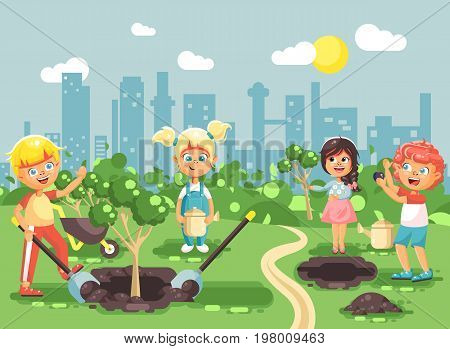 Stock vector illustration cartoon characters of children boy and girl planting in garden seedlings of tree, little child with water geek, taking care of ecology city in flat style for motion design