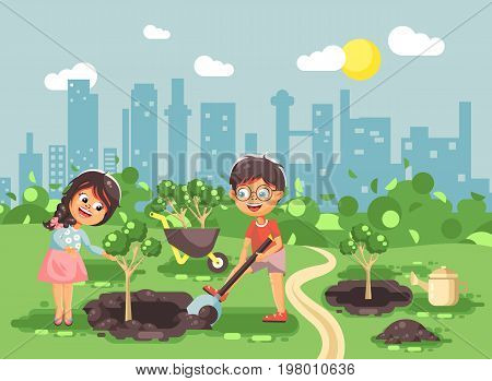 Stock vector illustration cartoon characters of children boy and girl dig hole in ground for planting in garden seedlings of tree watering water from geek, taking care of ecology city in flat style