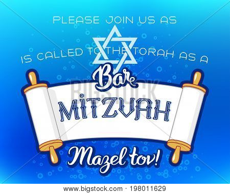 Bar Mitzvah invitation or congratulation card. Holiday of coming of age Jewish rituals.