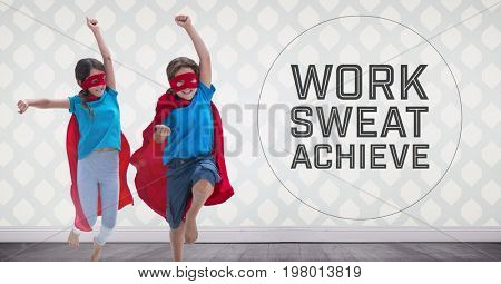 Digital composite of Superhero kids in room jumping with Work Sweat and Achieve text