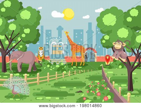Stock vector illustration banner landscape, scenery, view, for site with zoo excursion, zoological garden, monkey, peacock, elephant, lion, tiger, giraffe wild animals flat style city background