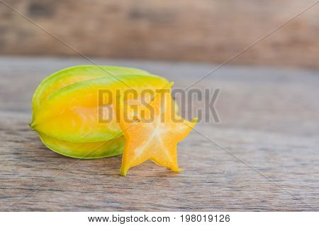 Star Fruits On Wooden Table. Thai Fruit : Star Fruit Is Popular In Asia, Sweet Taste Fruits. Star Fr