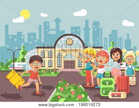 Stock vector illustration cartoon characters late boy and girl running to little children standing at railway station building with bags and suitcases awaiting train flat style city background.