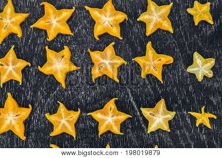 Star Fruits On Wooden Table. Thai Fruit : Star Fruit Is Popular In Asia, Sweet Taste Fruits. Star Fr