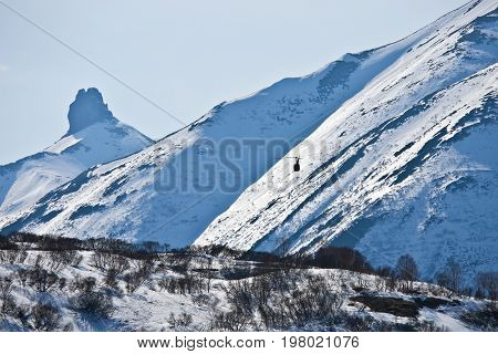 Helicopter flying in the mountains of the Kamchatka Peninsula in spring after snowfall. Russia