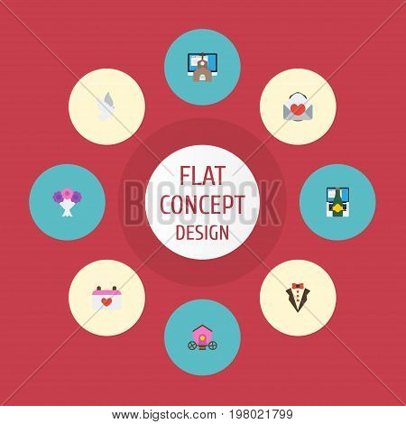 Flat Icons Bridegroom Dress, Pigeon, Calendar And Other Vector Elements