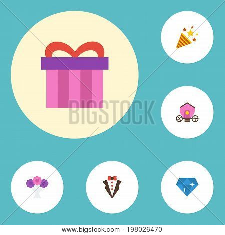 Flat Icons Brilliant, Bridegroom Dress, Present And Other Vector Elements