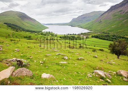 Wast Water lake, view from the path on the way to Scafell pike, the highest mountain in England, Lake District National Park, England, selective focus