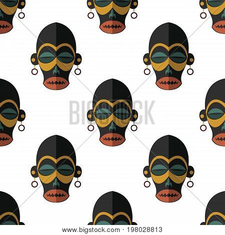 African mask seamless pattern vector illustration background. Flat icon. Ritual symbol.