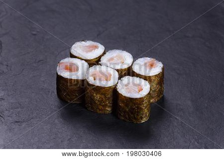 Traditional Sushi Rolls With Redfish Served On Black Slate, Japa