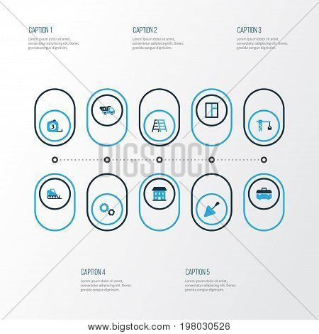 Industry Colorful Icons Set. Collection Of Putty Knife, Measure Tool, Stairs And Other Elements