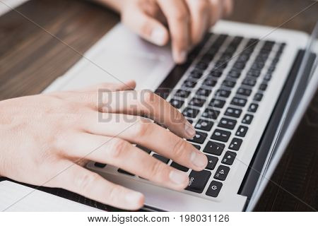 Morning Business Male. Male Hands Working On A Laptop. Horizontal Frame