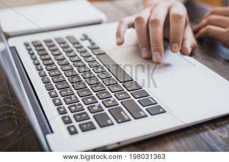 Morning Business Male. Male Hands Working On A Laptop. Horizontal Frame
