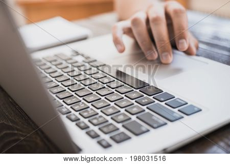 Morning Business Male. Male Hands Working On A Laptop. Horizontal Frame